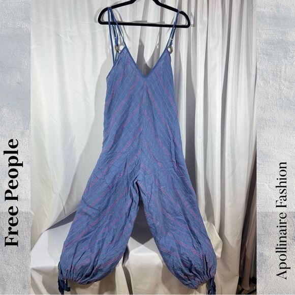 FREE PEOPLE ISLA JUMPSUIT IN BLUE AND PINK COMBO LARGE NEW - Picture 6 of 7